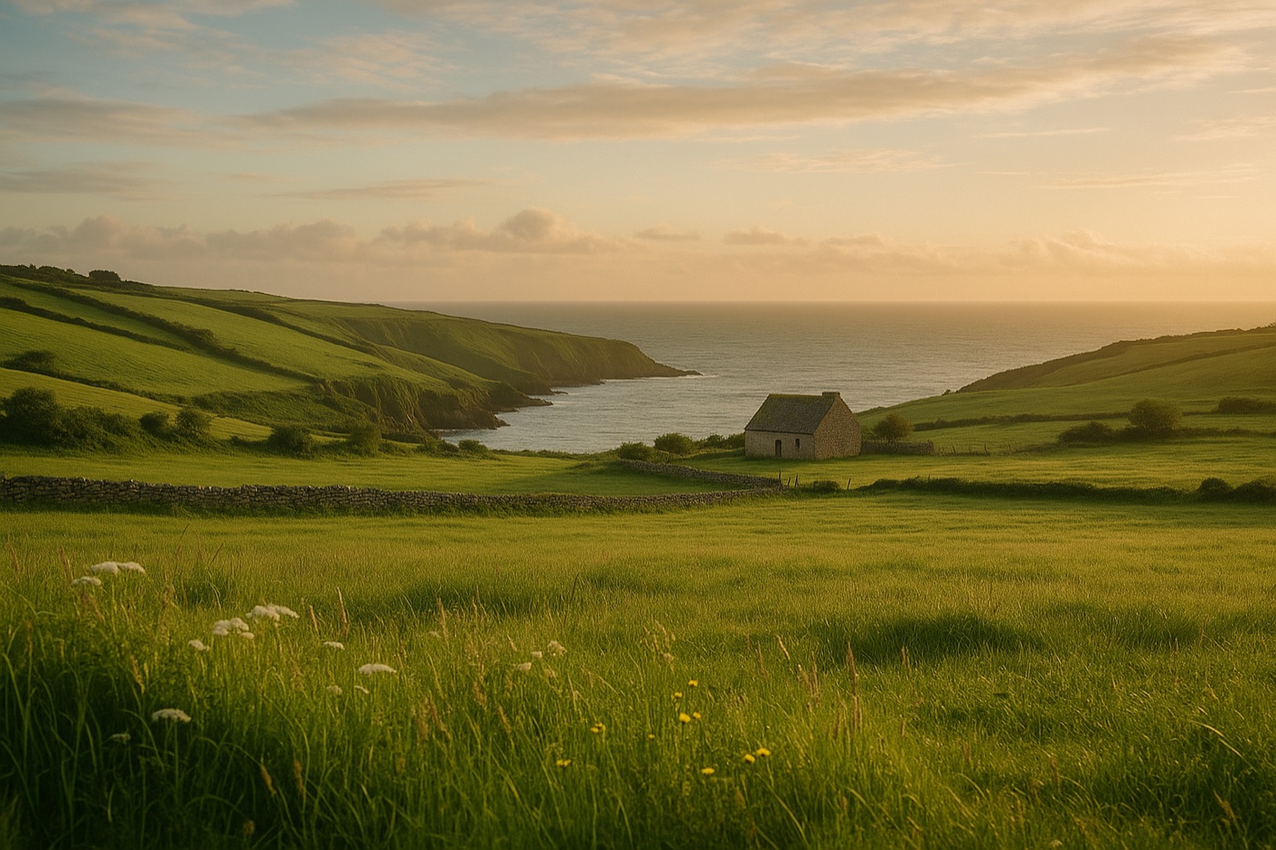 Paysage de Belle-Île-en-Mer avec pâtures verdoyantes