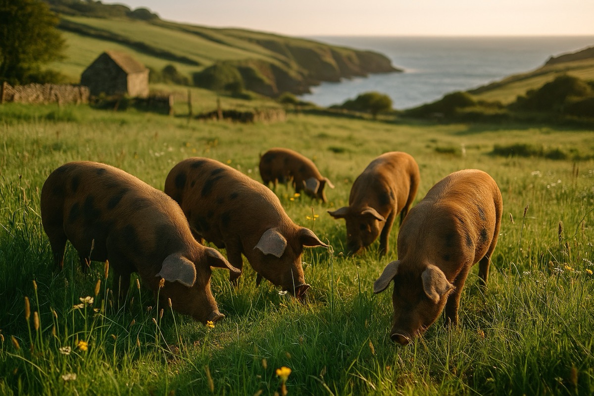 Cochons en plein air dans les pâtures de Belle-Île-en-Mer